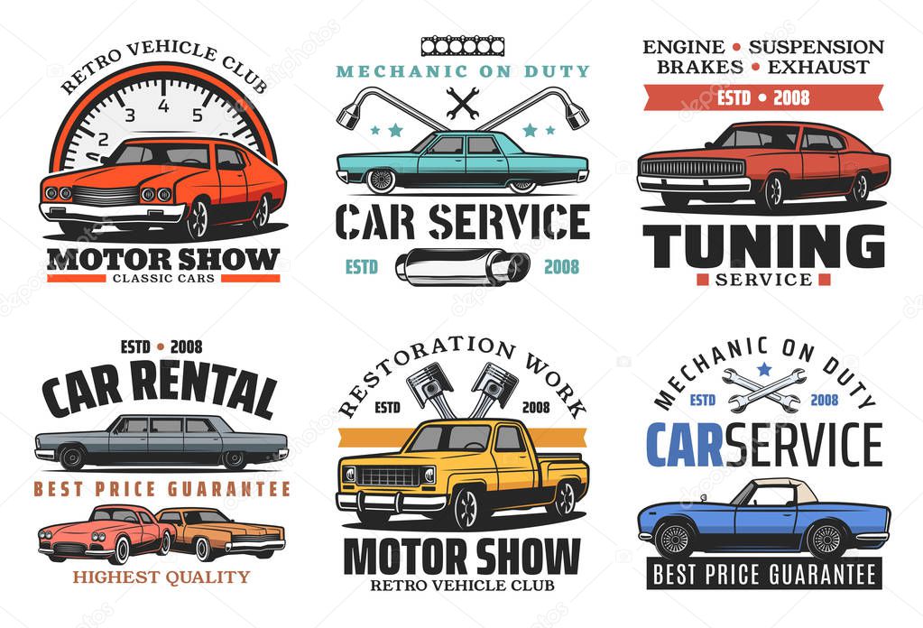 Car tuning, restoration and repair service icons