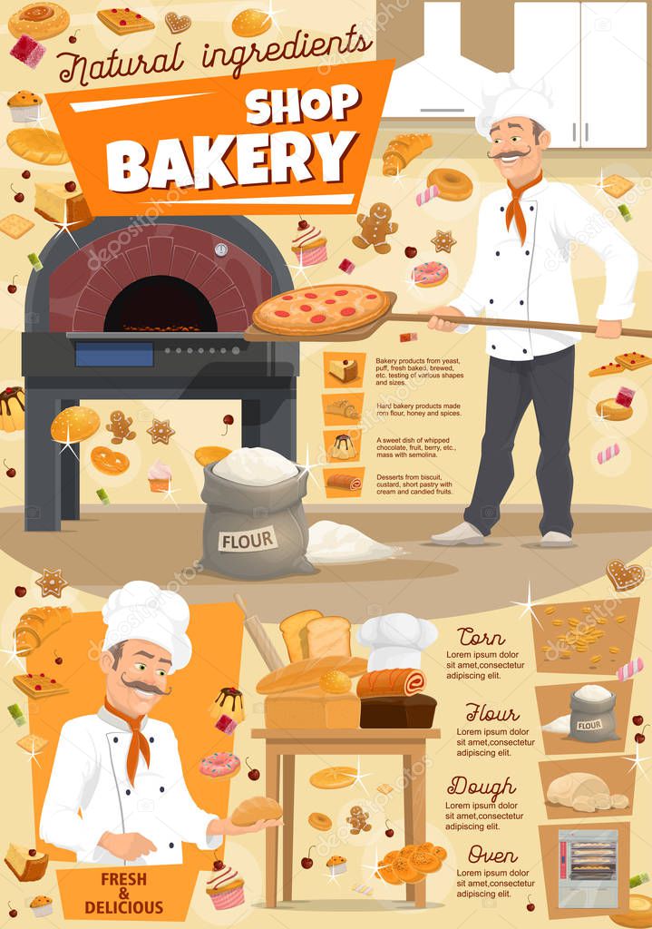 Bakery or pastry shop, baker and pizza