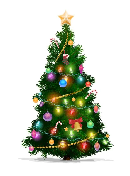 Christmas pine tree with star, lights and balls — Stock Vector