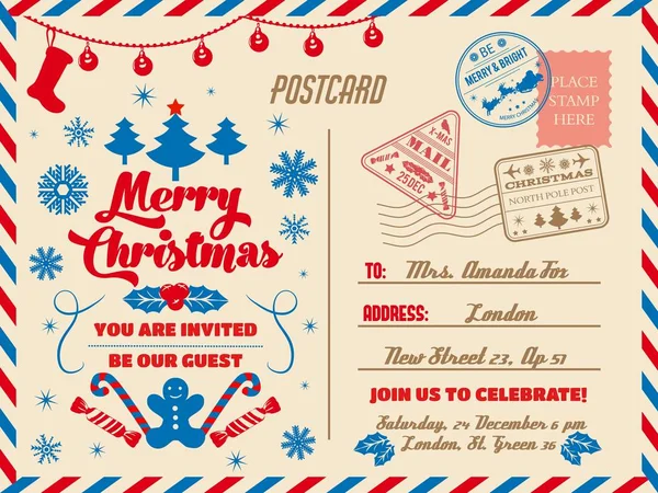 Weihnachtspostkarte, Feiertagseinladung — Stockvektor
