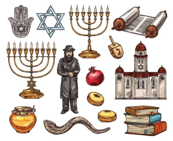 Symboles de religion judaïsme, croquis vectoriel isolé — Image vectorielle