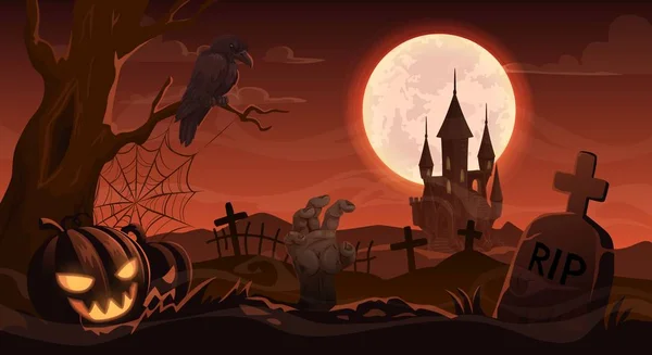 Halloween zombie ręka, nagrobek na cmentarzu — Wektor stockowy