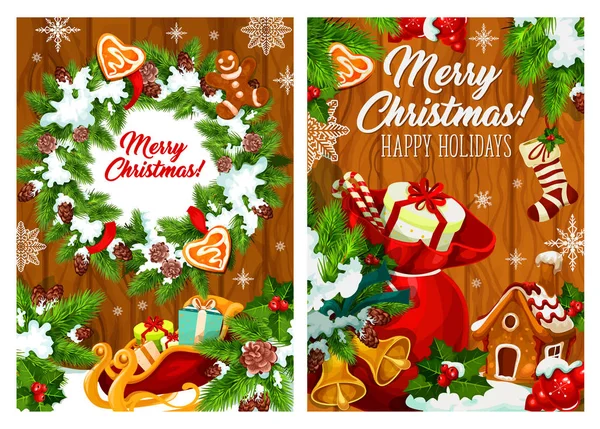 Christmas wreath, toys and gifts — Stock Vector