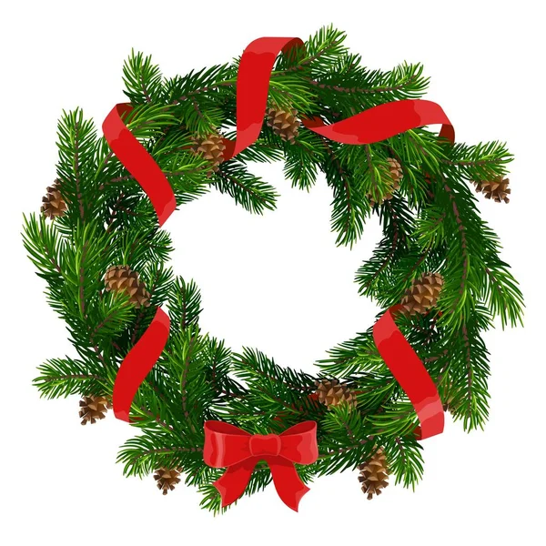 Christmas wreath with red bow and ribbon — Stock Vector