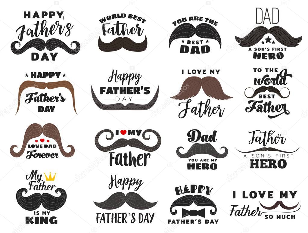 Fathers day vector holiday icons. Hipster mustache with lettering and font, heart or crown. Male family member or parent congratulation, fatherhood celebration, daddy greetings