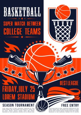 Basketball league tournament and sport club team match poster. Vector basketball ball in net goal, player and sneakers. Victory cup game contest clipart