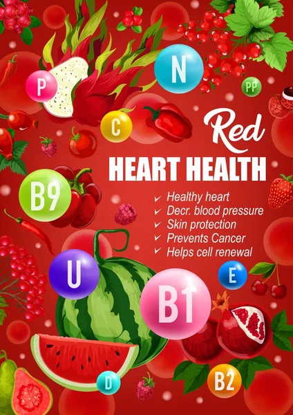 Vitamin kesehatan jantung diet merah gizi makanan - Stok Vektor