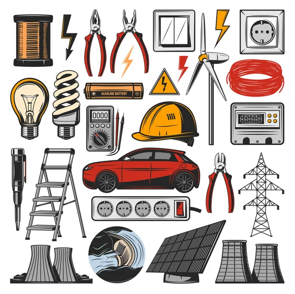 Elektrizität und elektrische Werkzeuge, Vektor-Symbole — Stockvektor