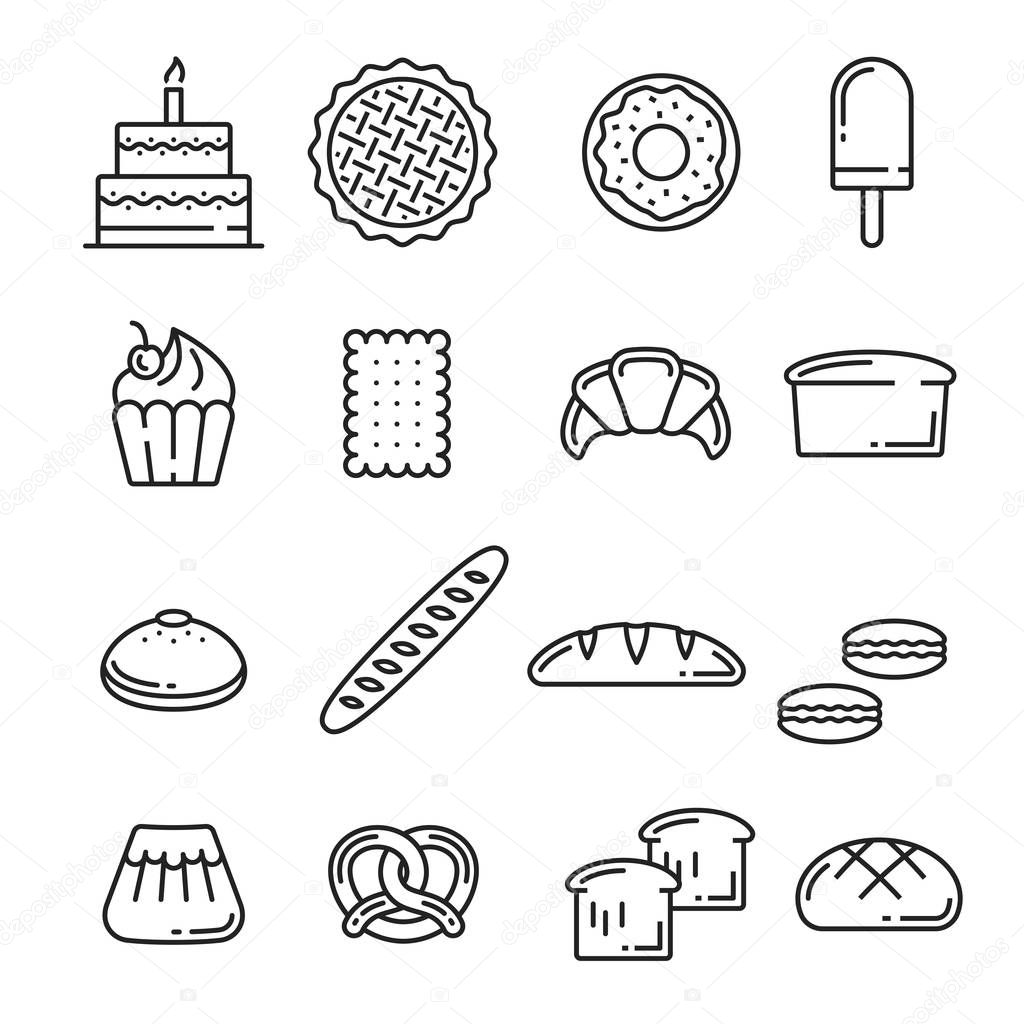 Bread and pastry cakes lineart icons of bakery or patisserie. Vector birthday torte, fruit pie or donut and ice cream with cupcake or baguette or wheat toast and rye loaf, pretzel and croissant