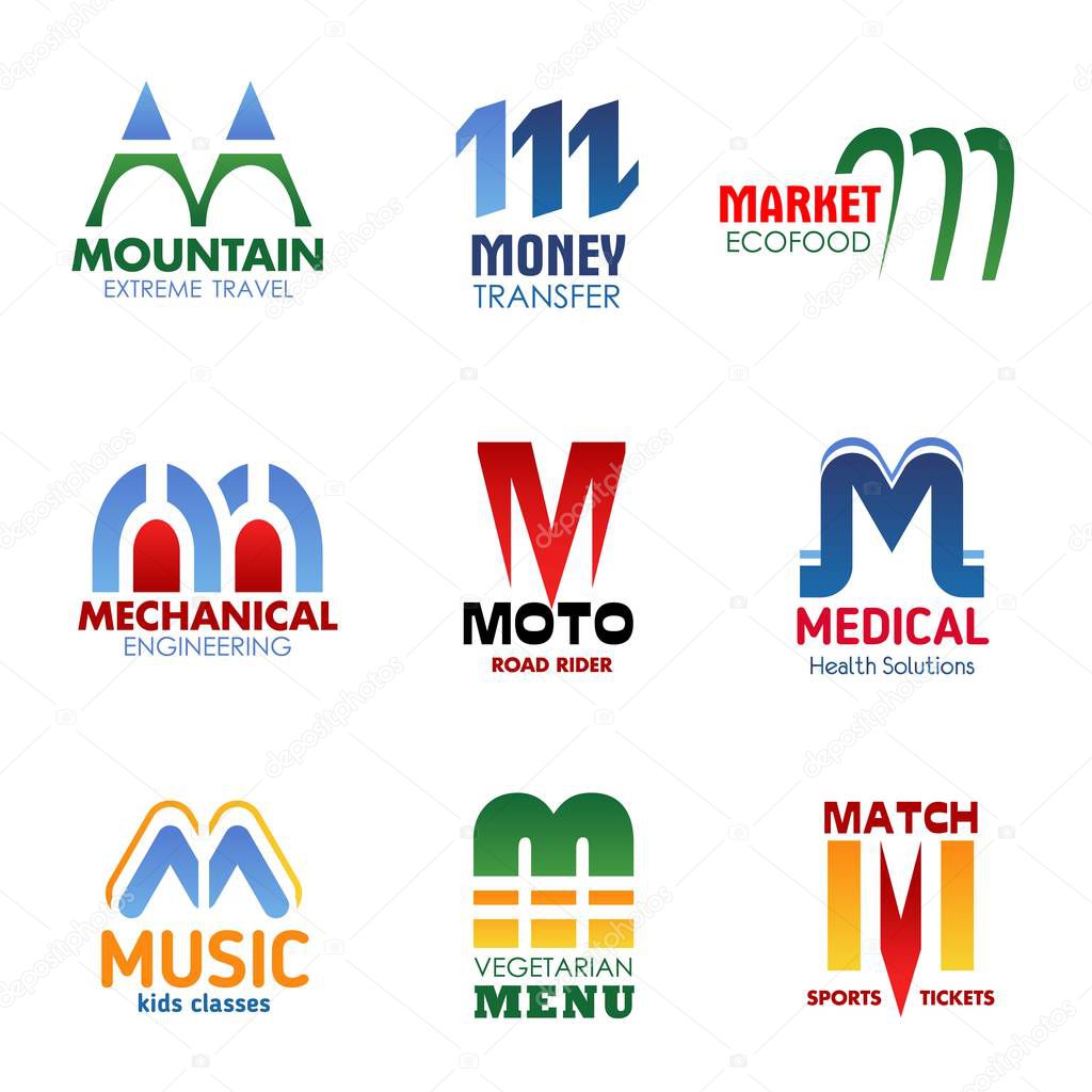 Letter M icons set for sport, medicine or food and construction industry idenity. Vector M business symbols of travel agency, banking money transfer, eco market and mechanical engineering or moto club
