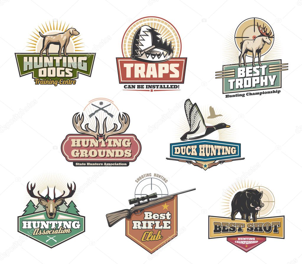 Hunter club , hunt open season and training center icons. Vector isolated symbols of wild animals as elk, antler or boar hog and duck with hunter rifle and traps for trophy