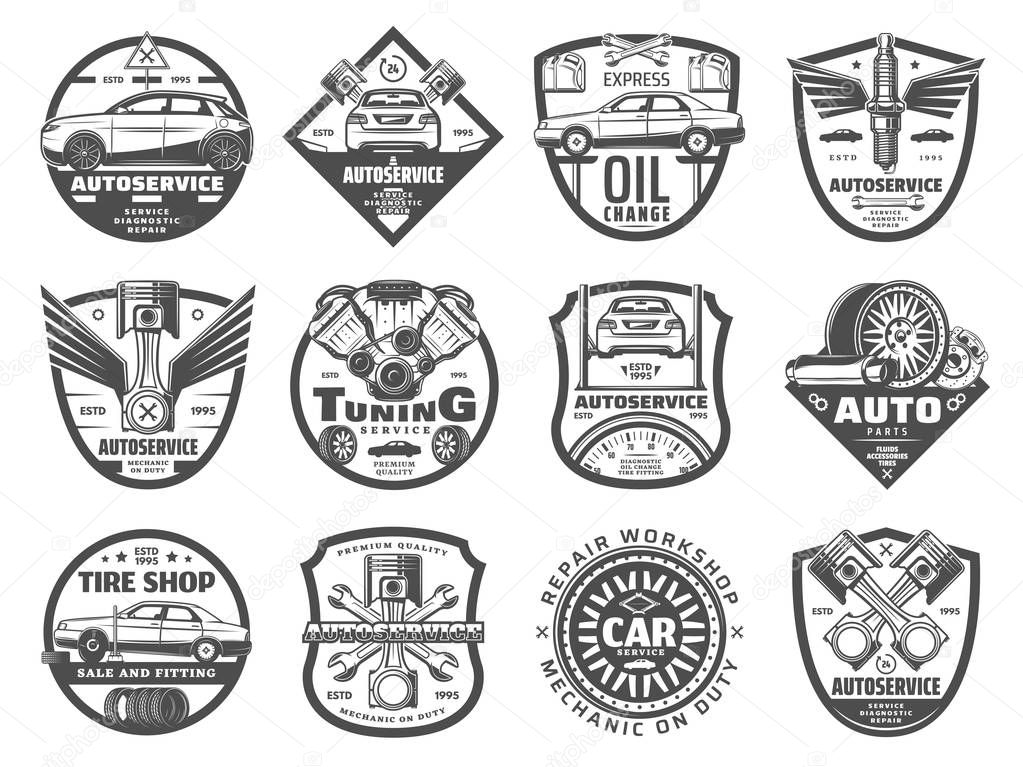 Car service, tire and engine repair icons