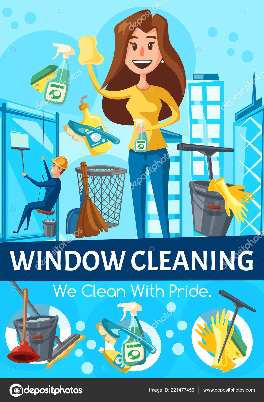 Window cleaning service, workers and tools Stock Vector Image by  ©Seamartini #221477456