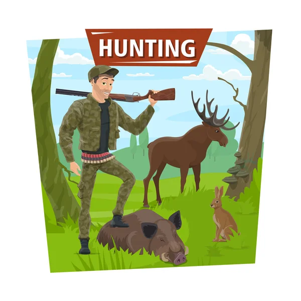 Hunter in forest with wild animals trophy — Stock Vector