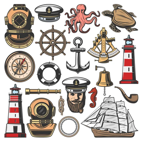 Iconos vectoriales marinos náuticos y marinos — Vector de stock