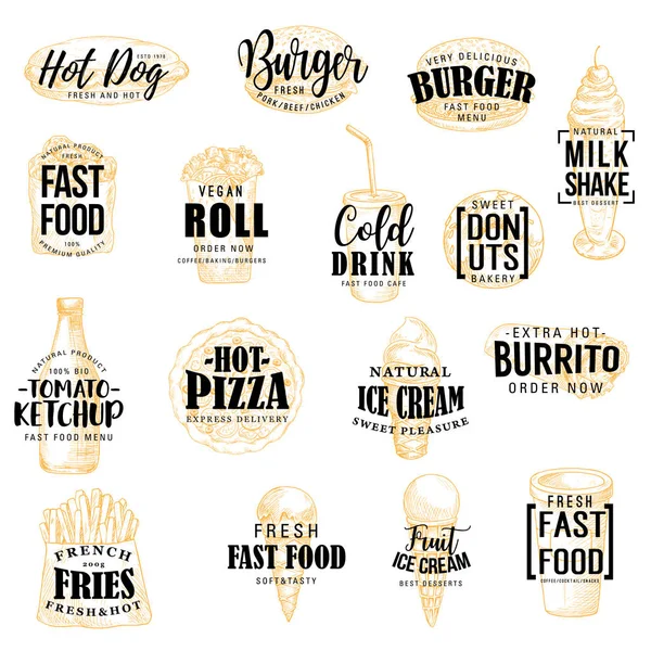 Fast food icons with lettering — Stock Vector