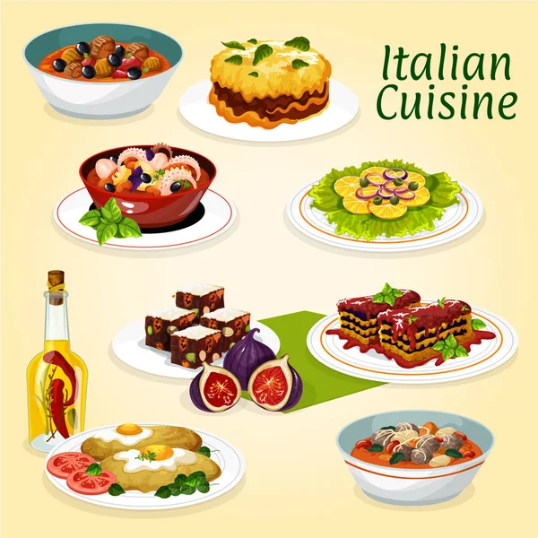 Ιταλική κουζίνα δείπνο γεύματα και επιδόρπια — Διανυσματικό Αρχείο