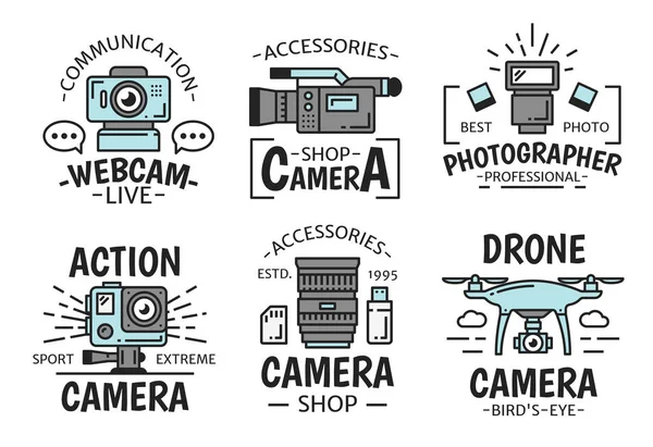 Dispositivos digitales, cámara y webcam vector iconos — Vector de stock