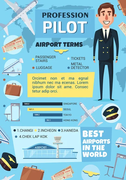 空港インフォ グラフィックとパイロットの職業 世界最高の空港のグラフと グラフの空気旅行飛行機乗組員は船長 チケット パスポートと荷物の漫画のアイコンと用語 — ストックベクタ