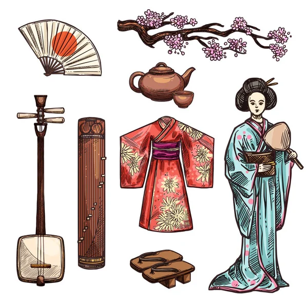 Símbolos de Japón e iconos de la cultura japonesa — Vector de stock