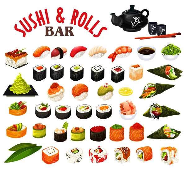 Sushi japonês e rolos ícones, frutos do mar vetores — Vetor de Stock