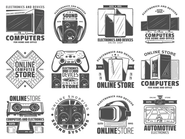 Dispositivos electrónicos, ordenadores e iconos de gadgets — Vector de stock