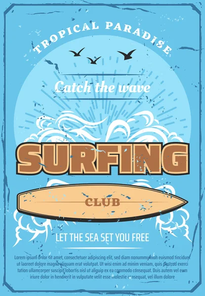 Surfing sport club retro affisch, havet och surfbräda — Stock vektor