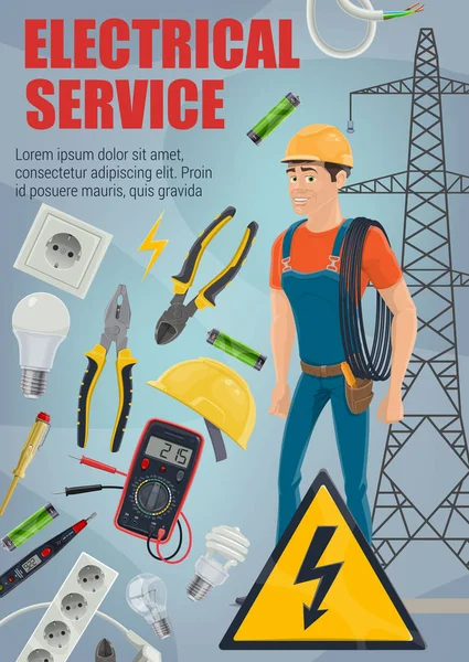 Elektricien met tools. Apparatuur en service — Stockvector