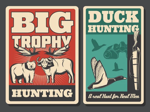 Jagd auf Retro-Poster, wilde Tiere und Vögel — Stockvektor