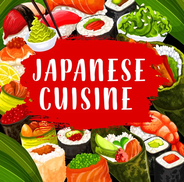 Japanese cuisine sushi, chopsticks and sauce — Stock Vector