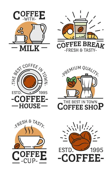 Ícones liear vetor de café com xícara, caneca e feijão — Vetor de Stock