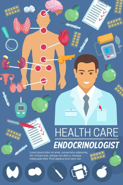 Médico endocrinologista com órgão do sistema endócrino — Vetor de Stock