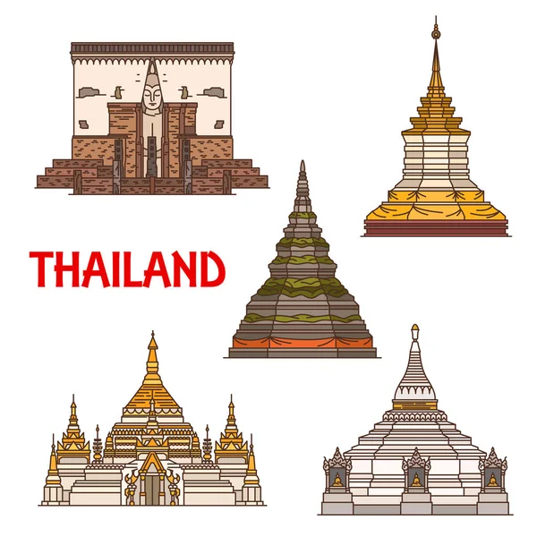 Thai travel landmark icons, vector buddhist temple — Stock Vector