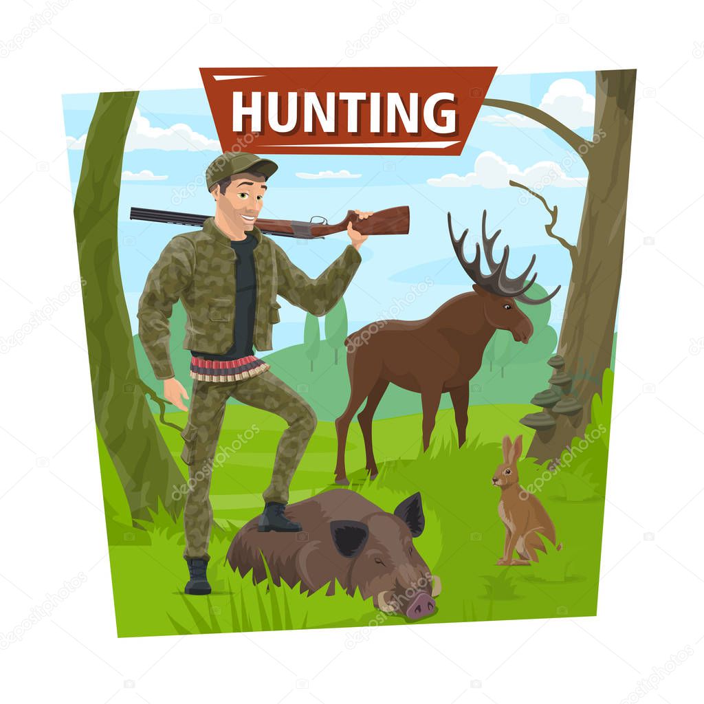 Hunter in forest with wild animals trophy