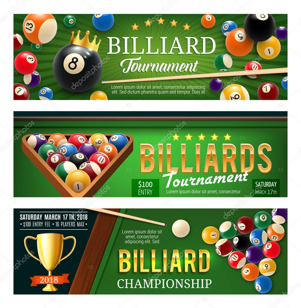 Billiards sport game, balls and cues