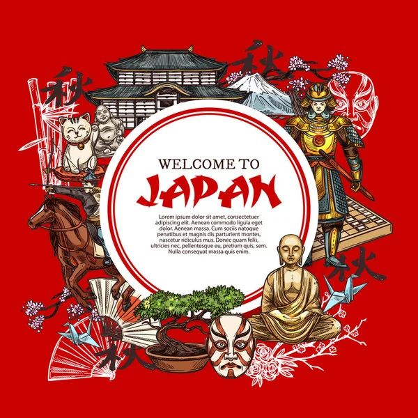 Japão símbolos famosos tradicionais esboço cartaz — Vetor de Stock
