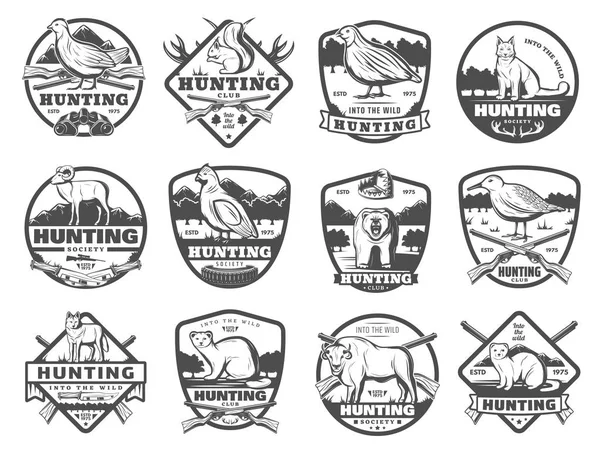 Club de chasse animaux sauvages et oiseaux icônes vectorielles — Image vectorielle