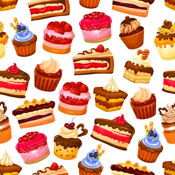 Kuchen Desserts und Gebäck Süßigkeiten nahtlose Muster — Stockvektor