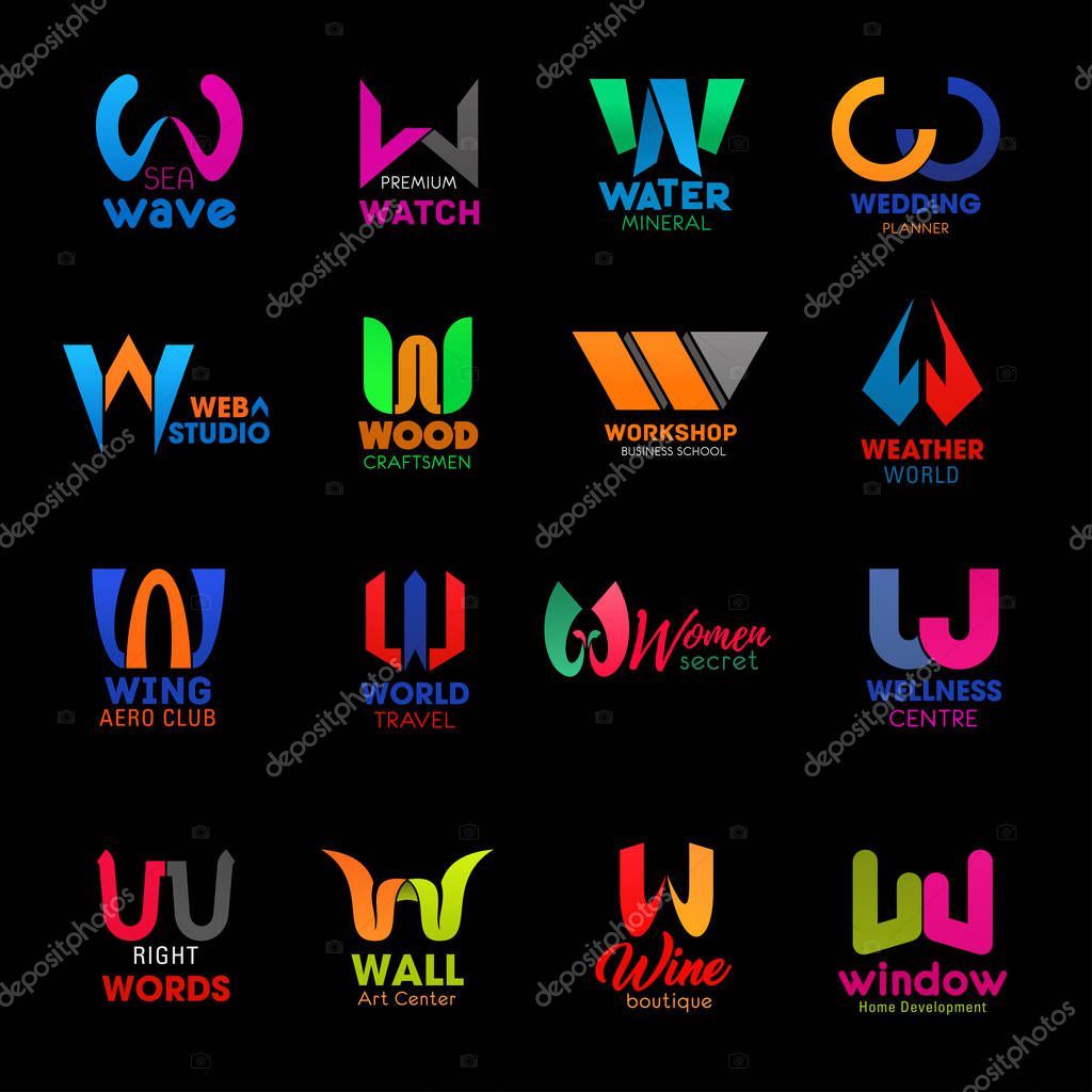 Letter W icons for business company, web studio or home development industry and art center. Vector W symbols for wine shop, wellness center and aero club or travel agency and workshop school