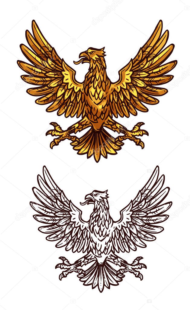 Gothic heraldic eagle sketch icon of golden griffin with beak, spread wings and claws. Vector vintage royal or monarchy gryphon vulture mystic bird silhouette for emblem, shield or coat of arms symbol