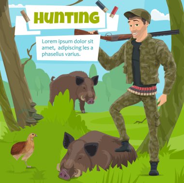 Hunter with wild animals trophy in forest clipart