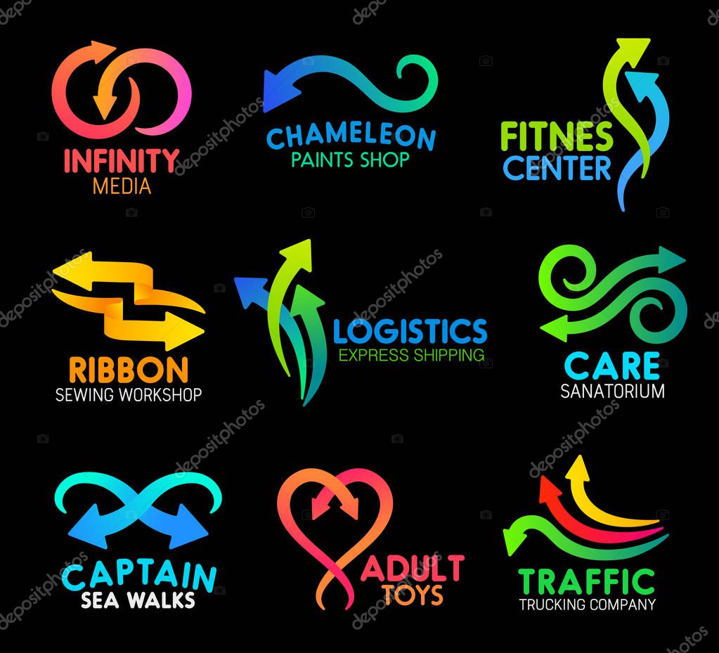 Arrows and lines abstract icons for business company design. Vector curved motion arrows symbols for infinity media, fitness center or paint shop and sewing workshop or logistics express shipping