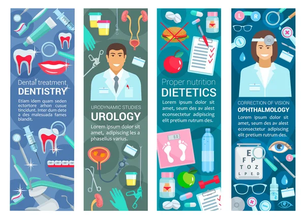 Bandeiras de saúde odontológica, urologia e dietética —  Vetores de Stock