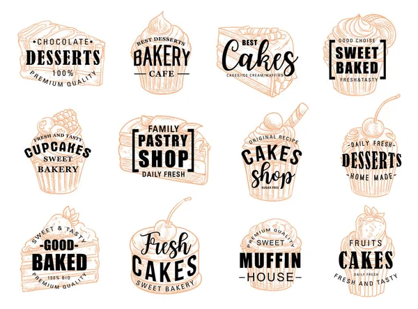 Taarten desserts en gebak snoep schets belettering — Stockvector