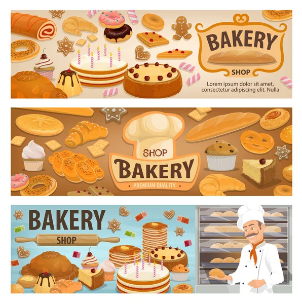 Piekarnia sklep ciast i piekarz wypieki słodycze banery — Wektor stockowy