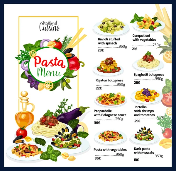 Italian cuisine traditional pasta dishes menu — Stock Vector