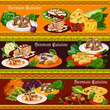 Alman mutfağı yemekleri et ve sebze, vektör ile. Patates ve sosis salata ile peynir ve elma, bira çorbası, lahana turşusu ile domuz kaburga ve güveç, çikolata ve Bademli kek biber