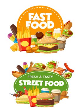 Fast food restoran ve sokak gıda Cafe burger aperatif ve içecekler. Vektör hamburger, sosisli sandviç ve patates kızartması, kahve, dondurma ve tavuk nuggets, çizburger ve taco, paket servisi olan restoran yemek tasarım