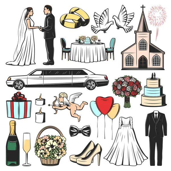 Iconos de boda de regalo de matrimonio, corazón y amor — Vector de stock