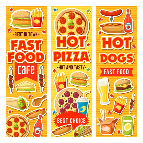 Fast food hamburger, pizza, drankjes en desserts — Stockvector